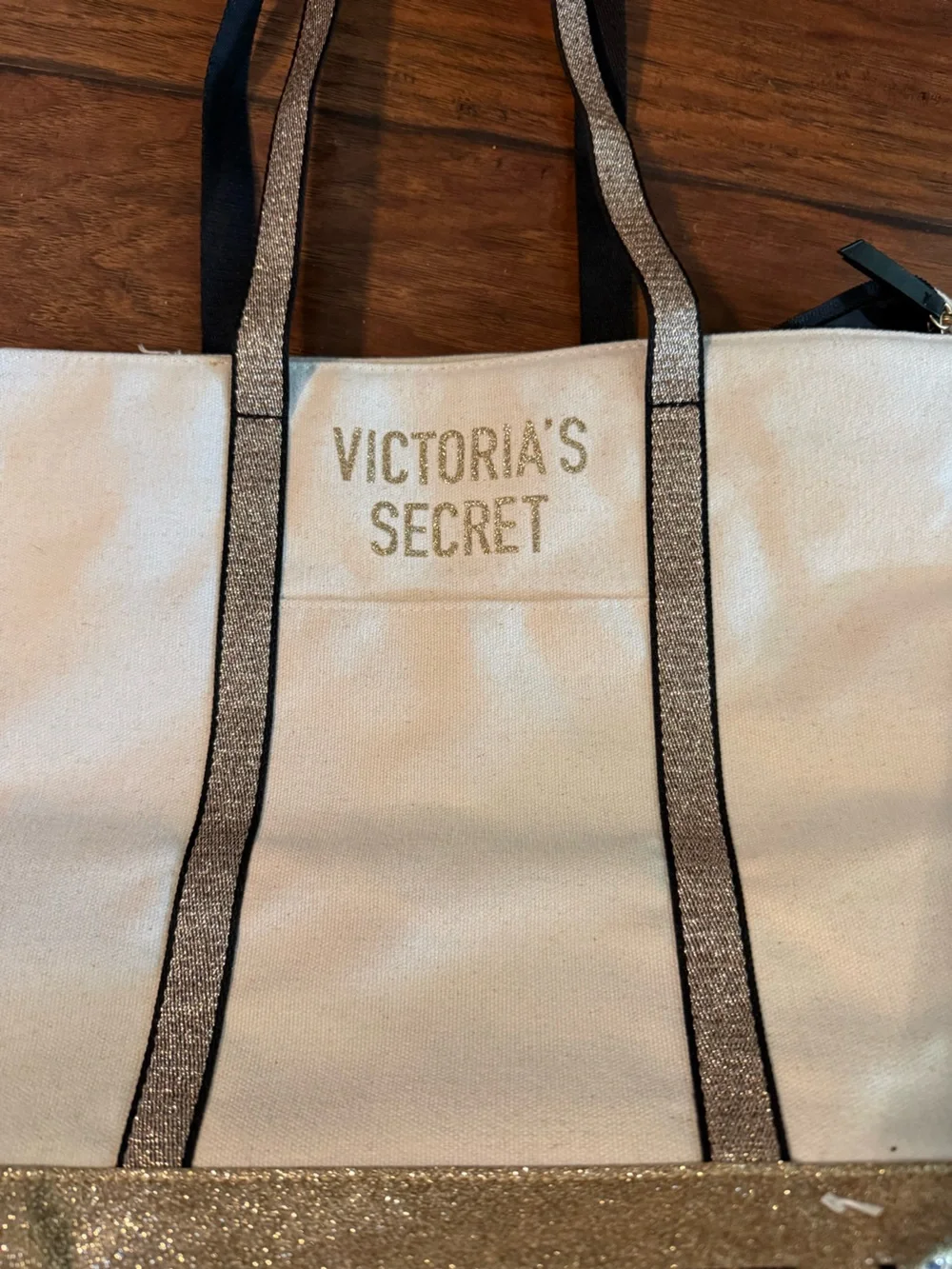 Victoria's Secret Cream and Gold Glitter Tote